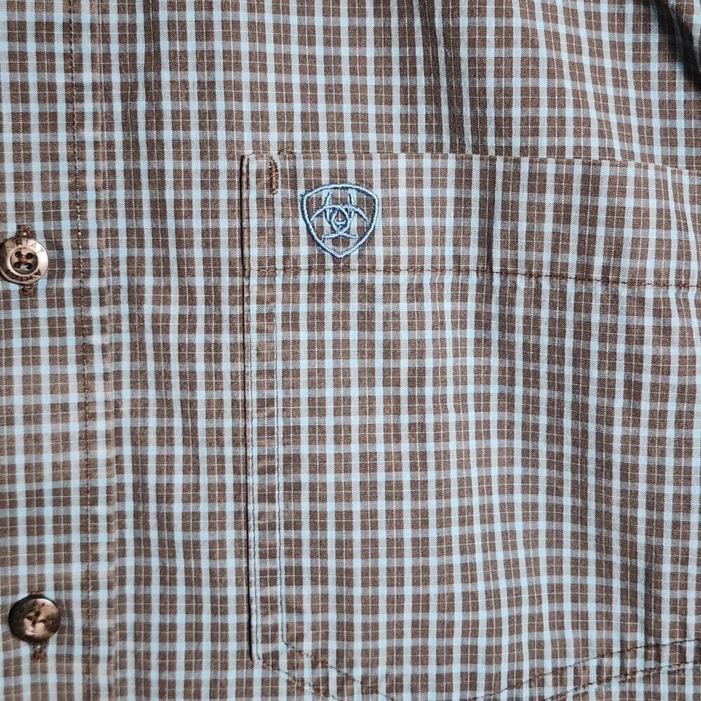 Ariat Shirt Mens Medium Blue Brown Plaid Pro Series Fitted Western Button Down - Picture 2 of 12